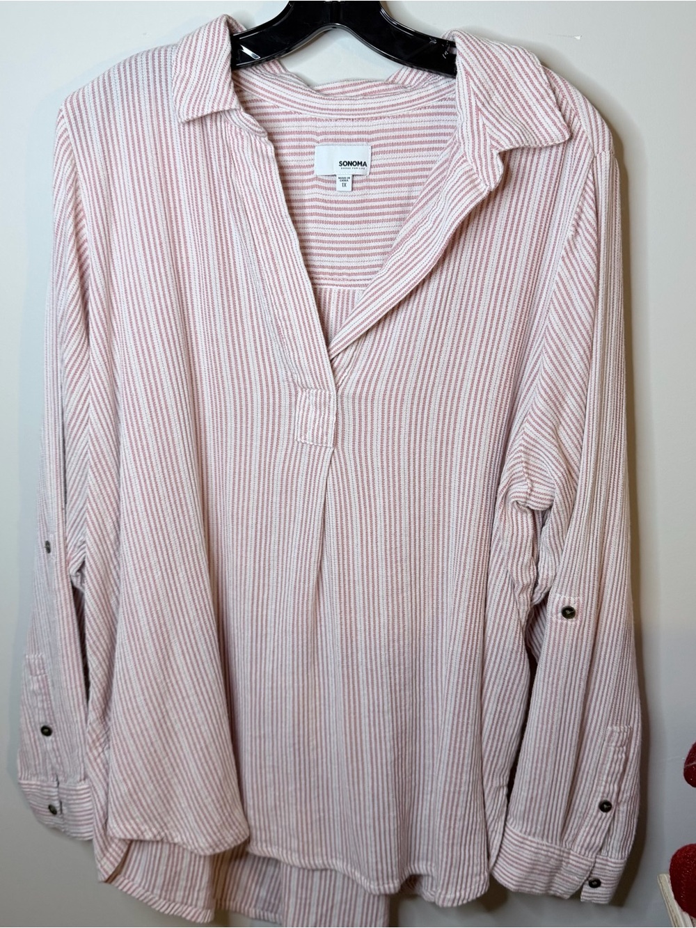 SONOMA Soft Pink & White Striped Collared V-Neck Tunic